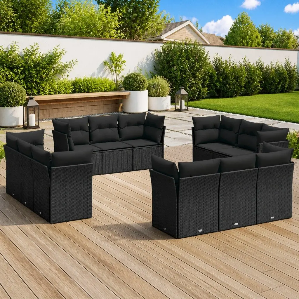 Garden Sofa Set 12 Piece Outdoor Furniture Black Poly Rattan Modular Patio