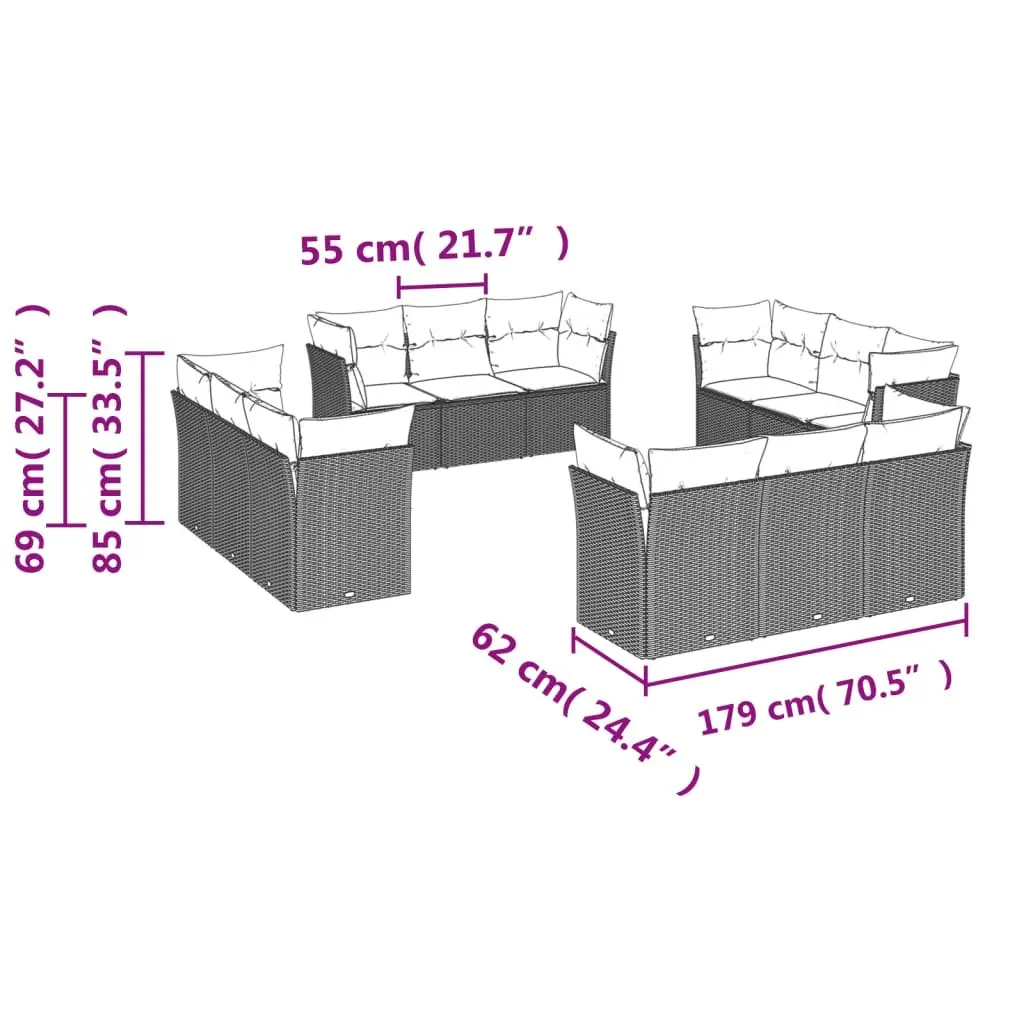 Garden Sofa Set 12 Piece Outdoor Furniture Black Poly Rattan Modular Patio