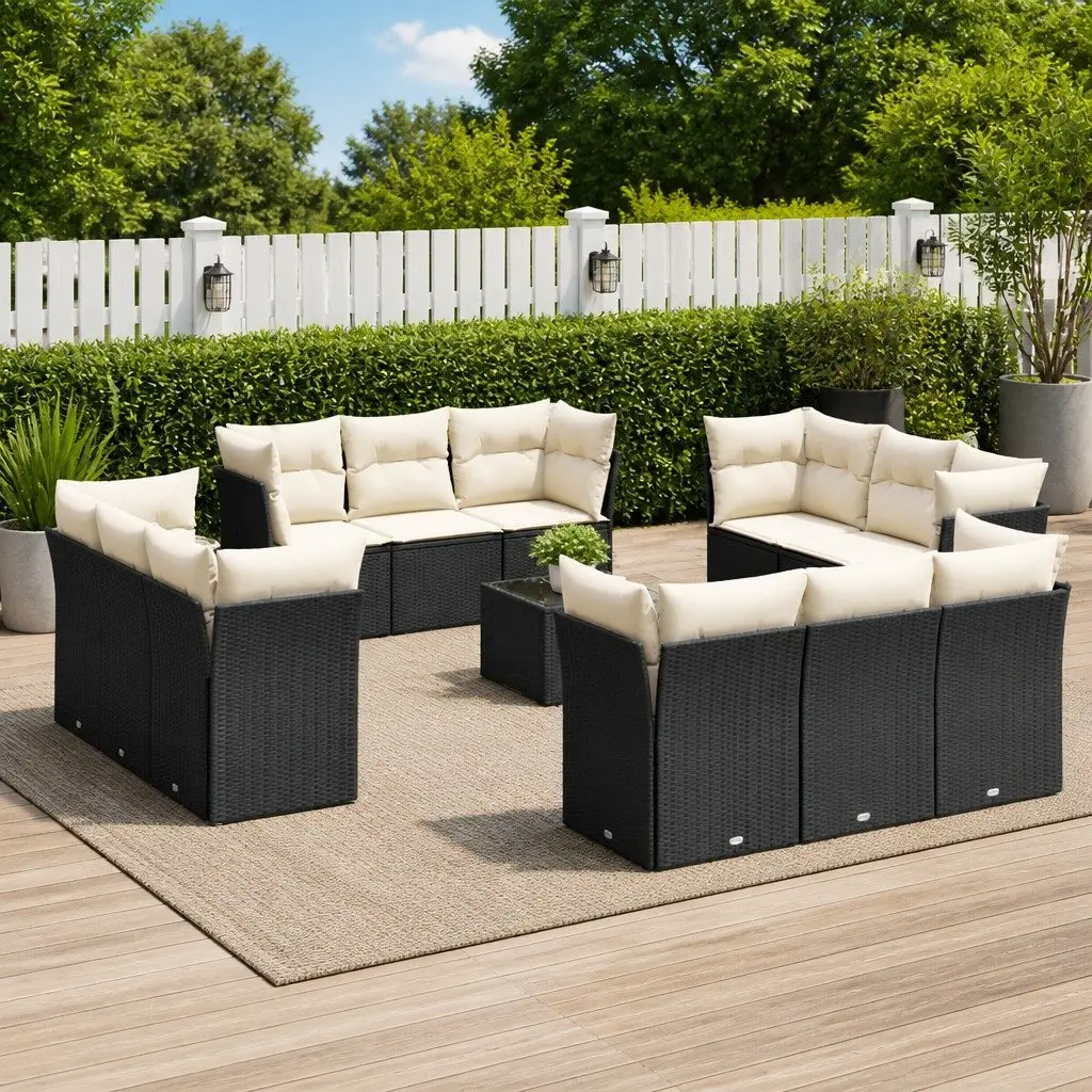 Outdoor Furniture Set Modular Black Poly Rattan 13 Piece with Cushions and Tempered Glass Table Top for Garden and Patio