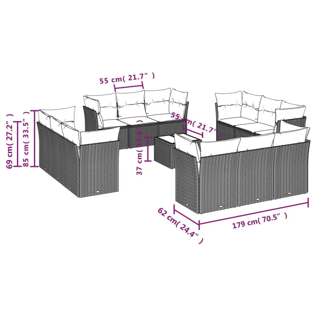 Outdoor Furniture Set Modular Black Poly Rattan 13 Piece with Cushions and Tempered Glass Table Top for Garden and Patio