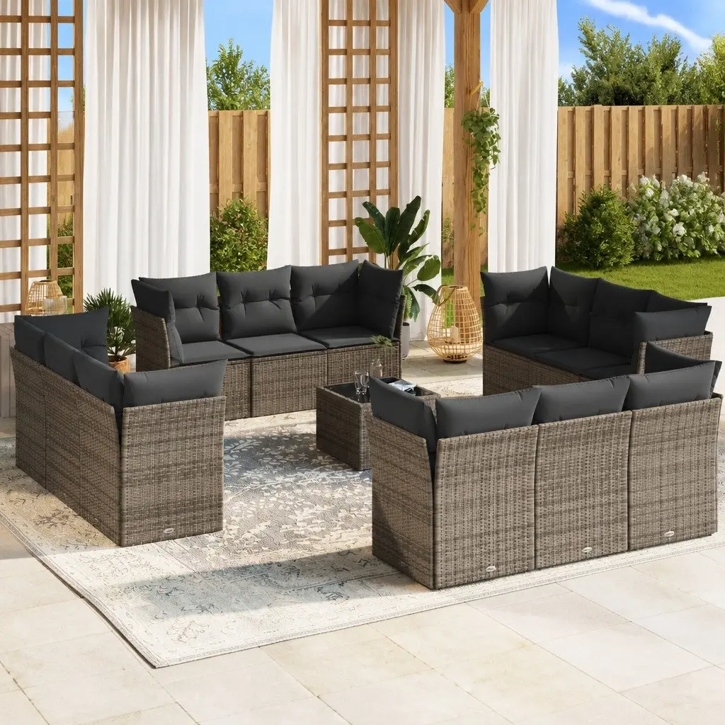 Outdoor Furniture Sofa Set 13 Piece Modular Grey Poly Rattan with Cushions and Tempered Glass Table Top