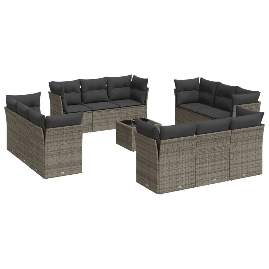 Outdoor Furniture Sofa Set 13 Piece Modular Grey Poly Rattan with Cushions and Tempered Glass Table Top