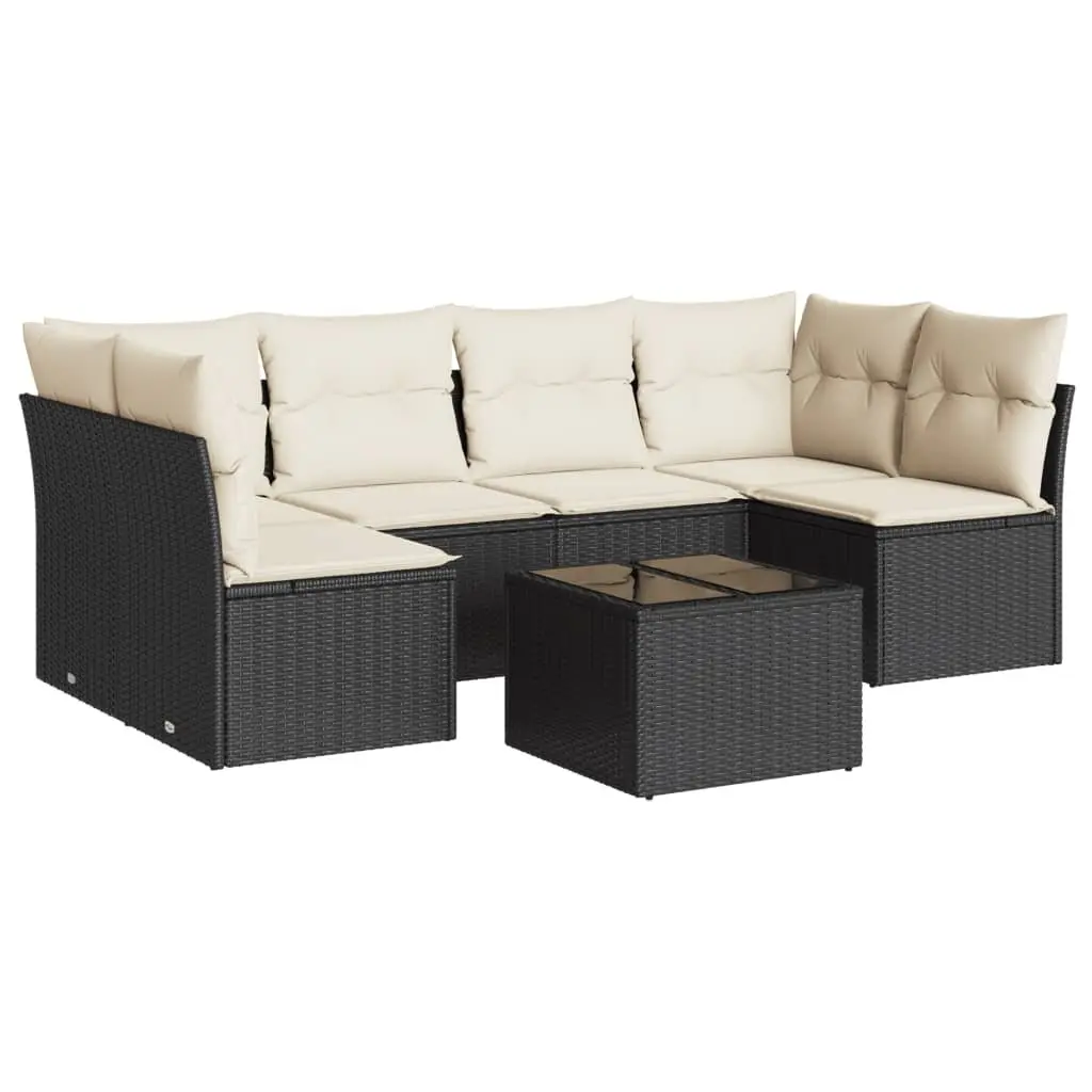 7 Piece Outdoor Garden Sofa Set with Cushions Black Poly Rattan Patio Furniture