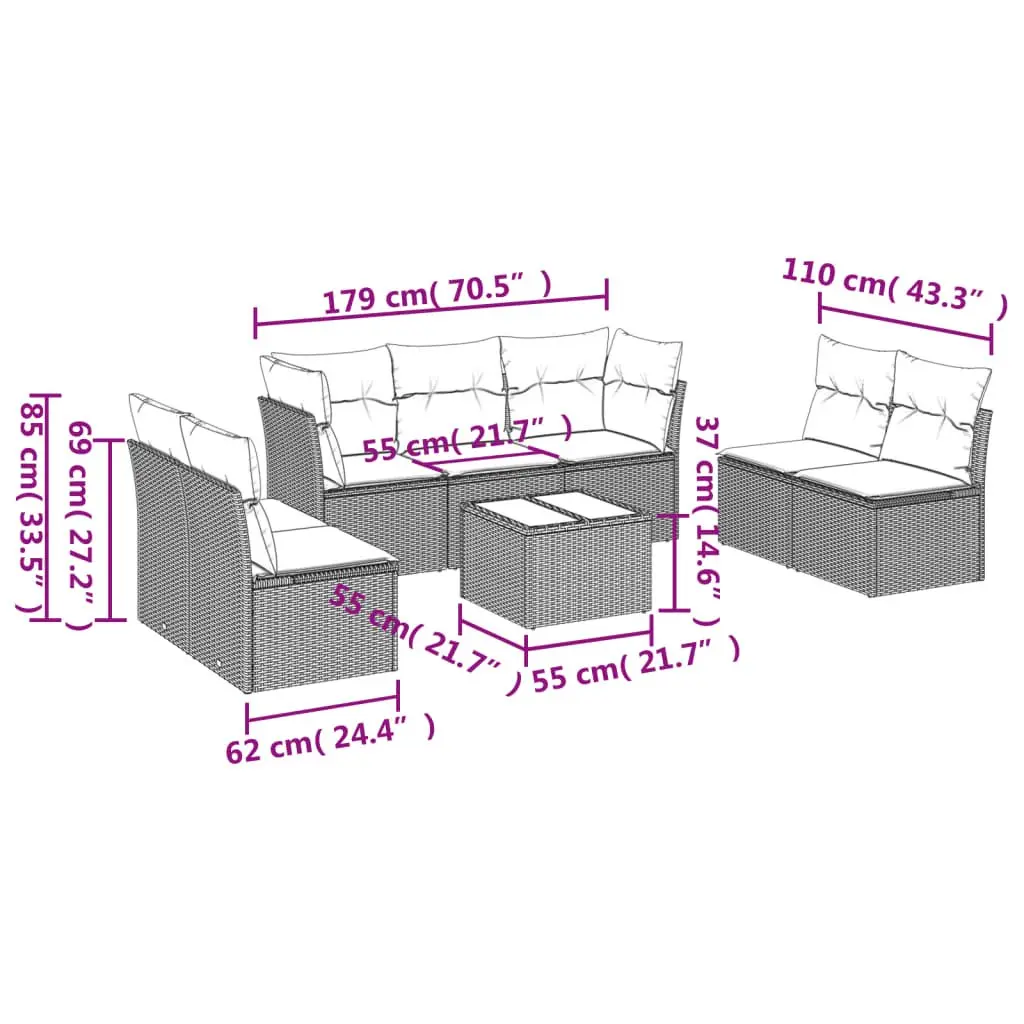 8 Piece Outdoor Sofa Set Modular Grey PE Rattan Furniture with Cushions and Tempered Glass Table for Patio Garden