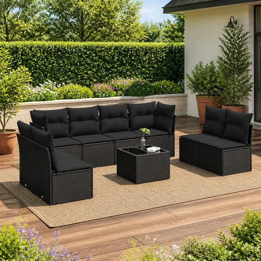 Garden Sofa Set 9 Piece PE Rattan Black with Cushions Tempered Glass Table