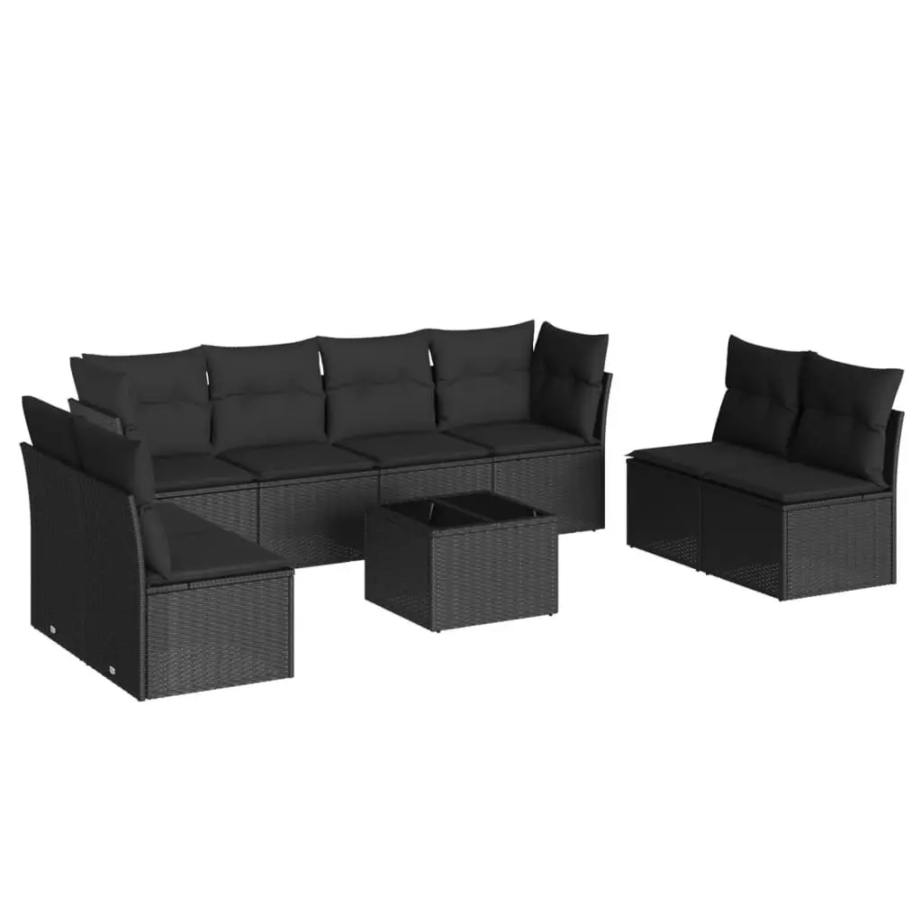 Garden Sofa Set 9 Piece PE Rattan Black with Cushions Tempered Glass Table