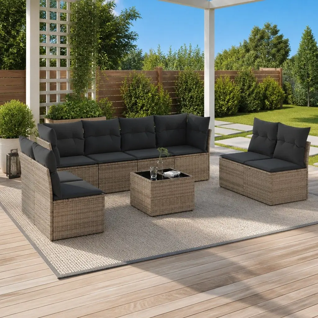 9PieceGreyModularOutdoorSofaSetPolyRattanFurnitureWithCushionsTemperedGlassTableForPatioGarden