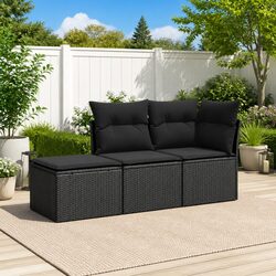 Garden Sofa Set 3 Piece Outdoor Furniture Patio Lounge Rattan Black Cushions