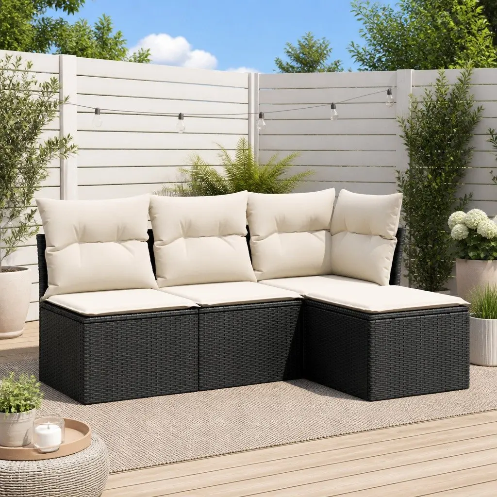 Garden Sofa Set PE Rattan Modular 4 Piece Outdoor Furniture Black with Cushions