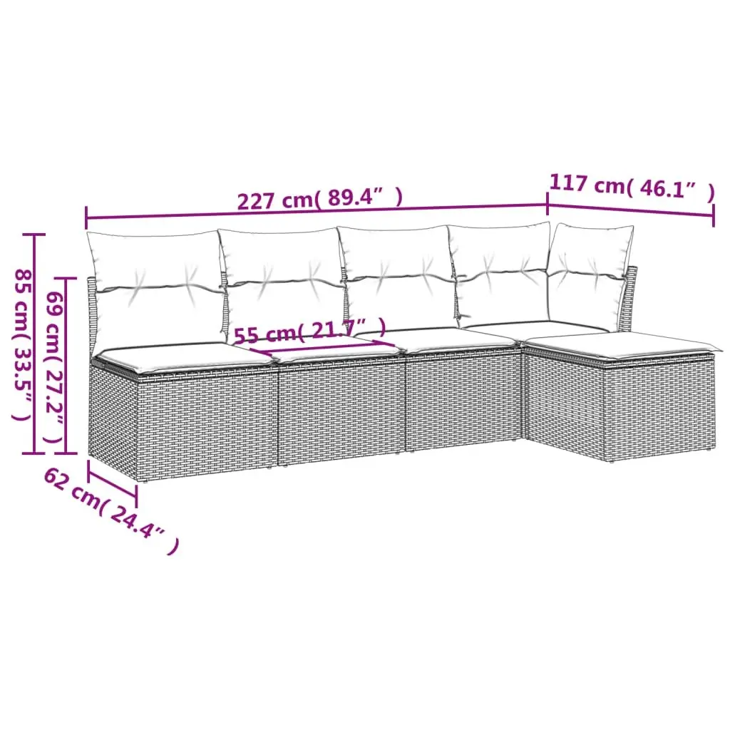 5 Piece Modular Outdoor Sofa Set Grey PE Rattan with Cushions