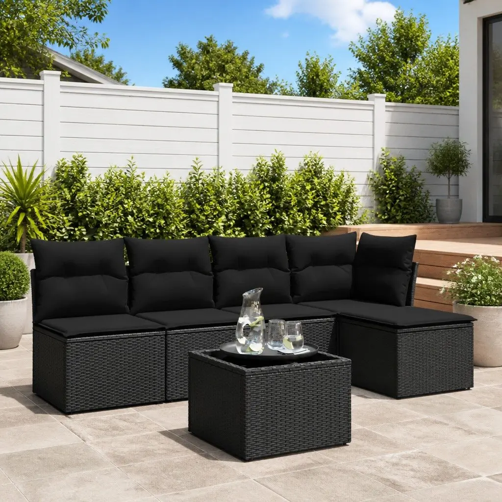 Garden Sofa Set 6 Piece Outdoor Furniture Black Poly Rattan with Cushions Patio