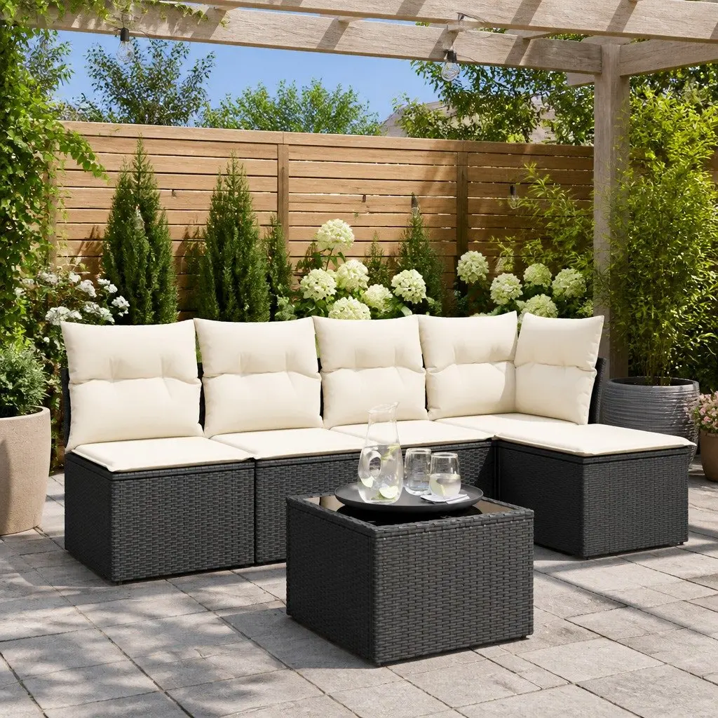 6 Piece Outdoor Garden Sofa Set with Cushions Black Poly Rattan Patio Furniture