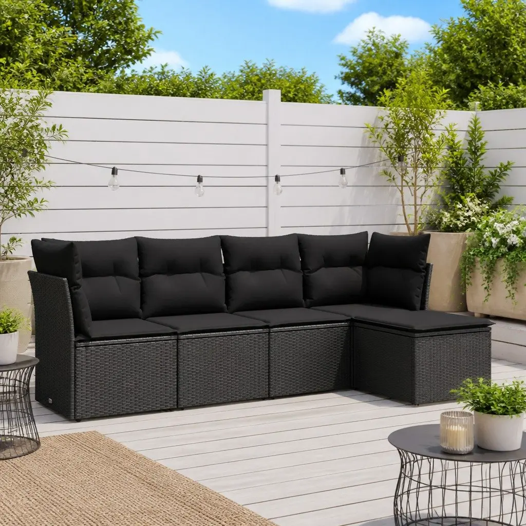 5 Piece Modular Outdoor Sofa Set with Cushions Black PE Rattan