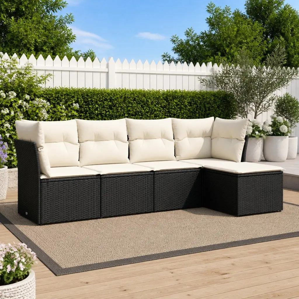 5 Piece Garden Sofa Set PE Rattan Modular Black Outdoor Furniture