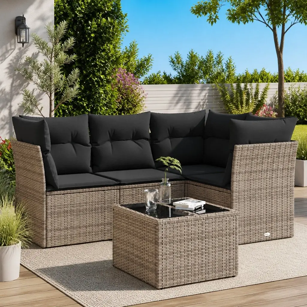 5 Piece Modular Outdoor Furniture Set Grey Rattan Sofa with Cushions and Glass Table for Patio Garden
