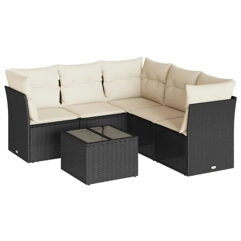 Outdoor Furniture Set 6 Piece Black PE Rattan Patio Sofa with Thick Cushions and Tempered Glass Tabletop
