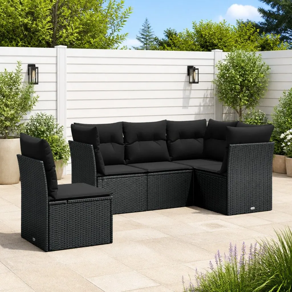 5 Piece Garden Sofa Set PE Rattan Modular Outdoor Furniture Black with Cushions