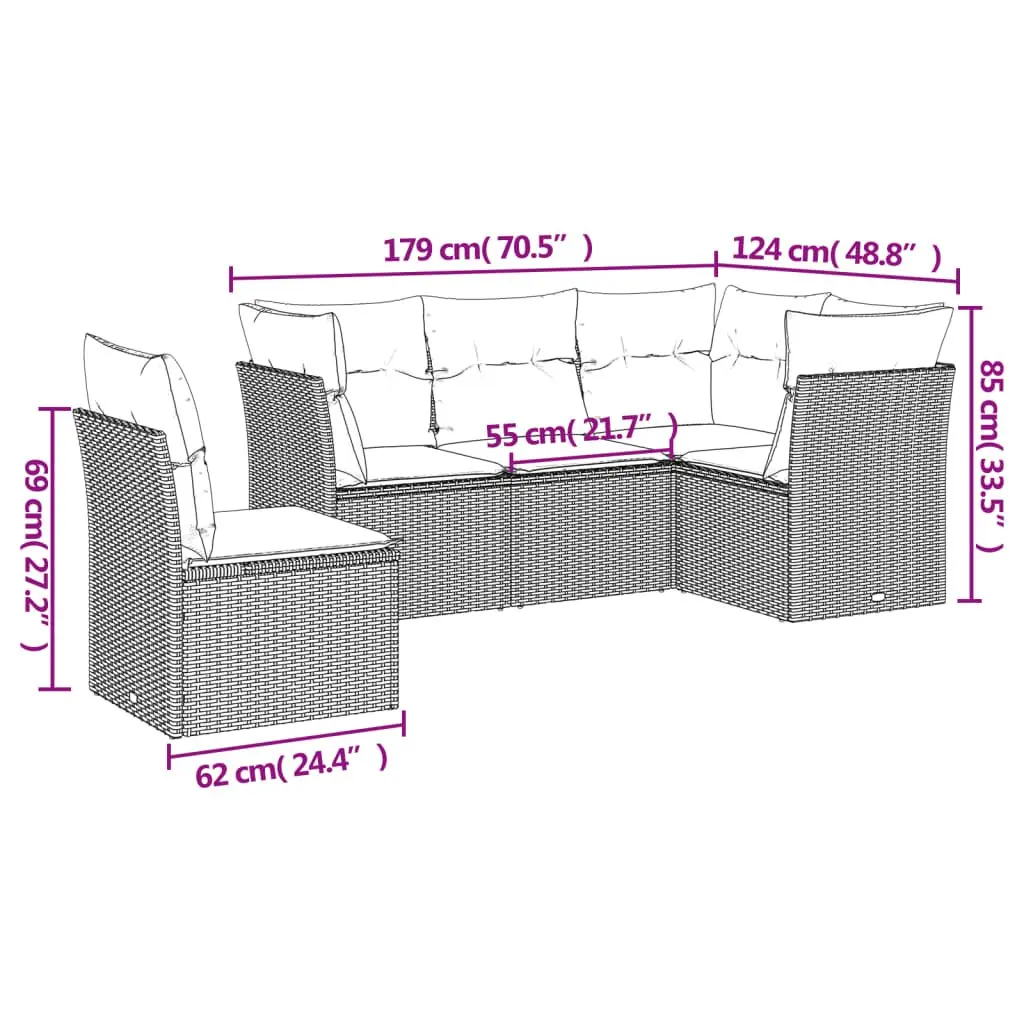 5 Piece Garden Sofa Set PE Rattan Modular Outdoor Furniture Black with Cushions