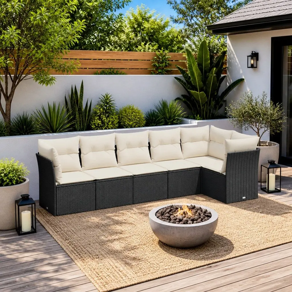 Garden Sofa Set PE Rattan Modular 6 Piece Outdoor Furniture with Cushions Black