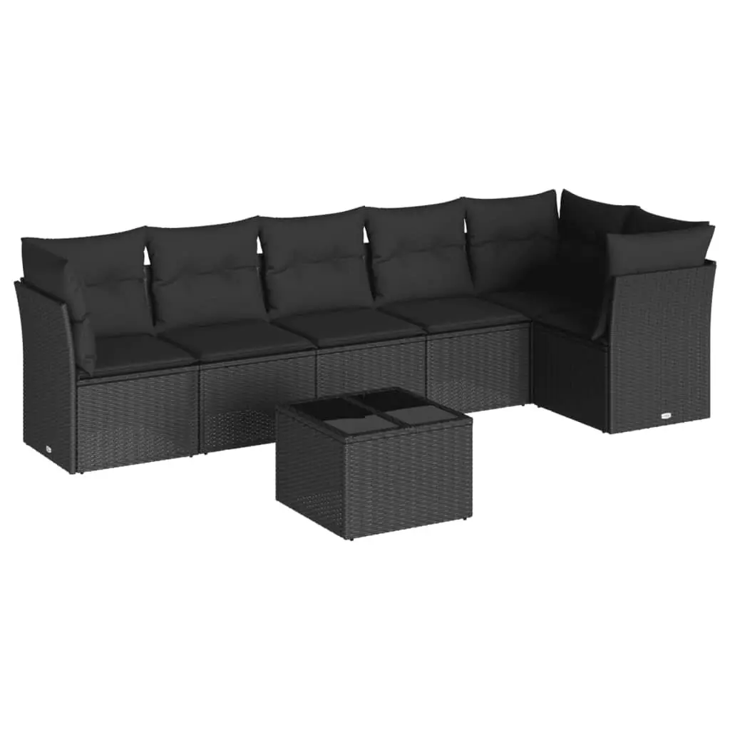 7 Piece Modular Patio Sofa Set Black PE Rattan with Thick Cushions and Tempered Glass Tabletop