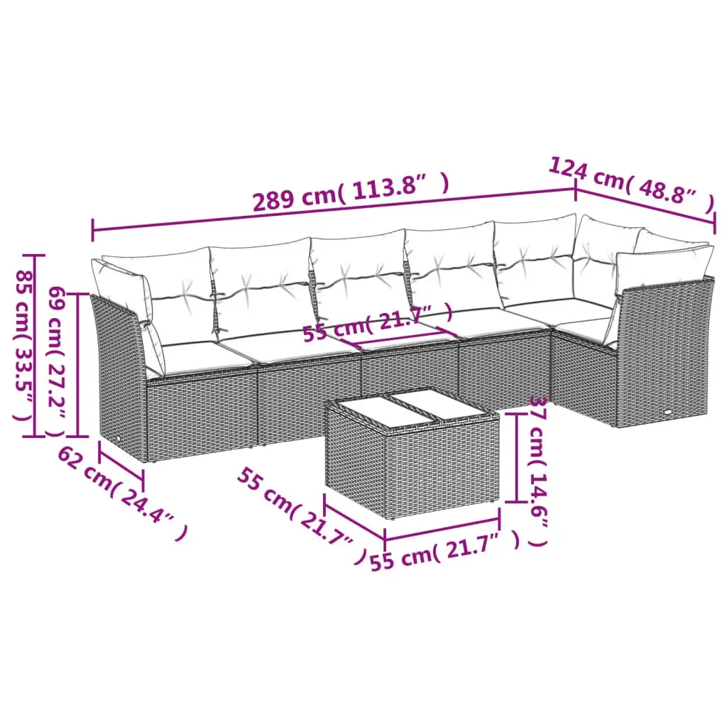 7 Piece Modular Patio Sofa Set Black PE Rattan with Thick Cushions and Tempered Glass Tabletop
