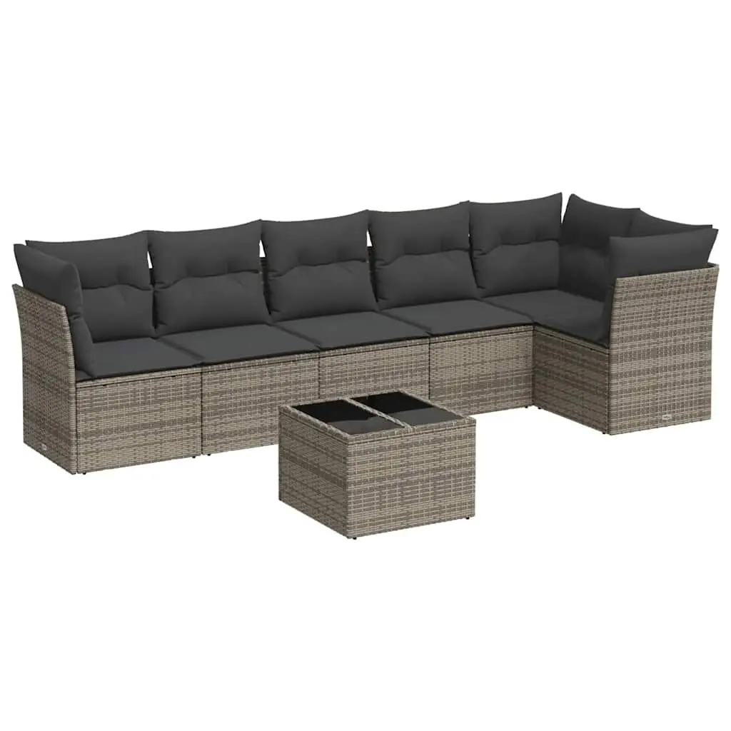 7 Piece Outdoor Furniture Set Modular Grey Sofa with Cushions PE Rattan and Tempered Glass Tabletop