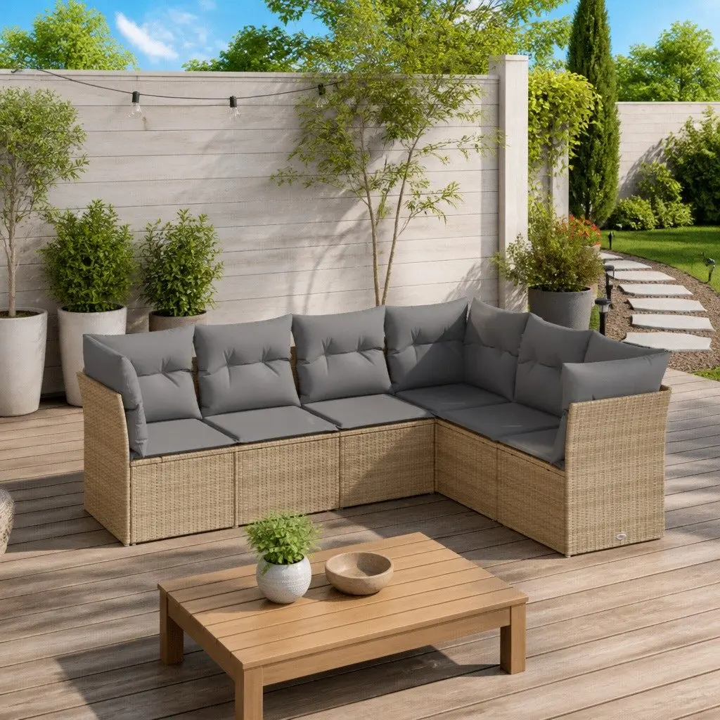 Modular Outdoor Sofa Set 6 Piece Beige PE Rattan with Thick Cushions for Patio Seating