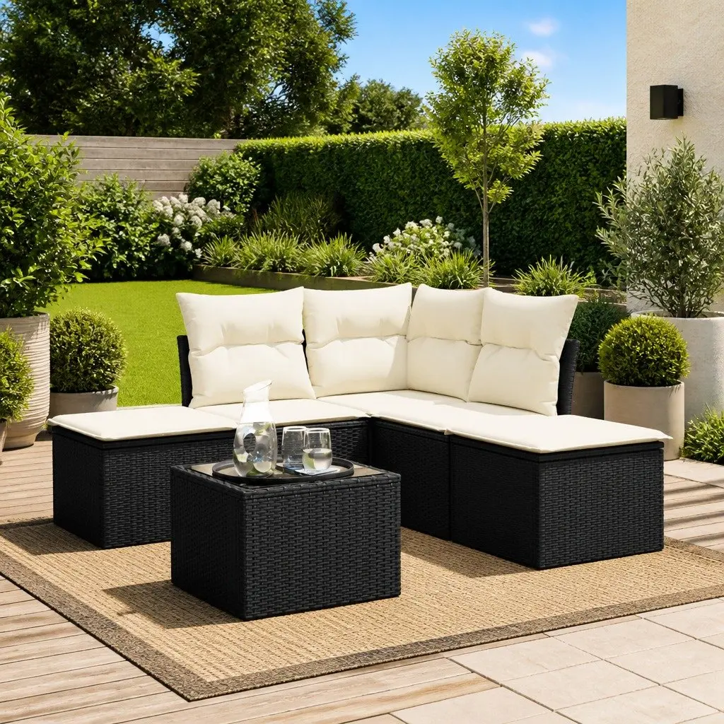 Garden Sofa Set Modular PE Rattan 6 Piece Black with Cushions