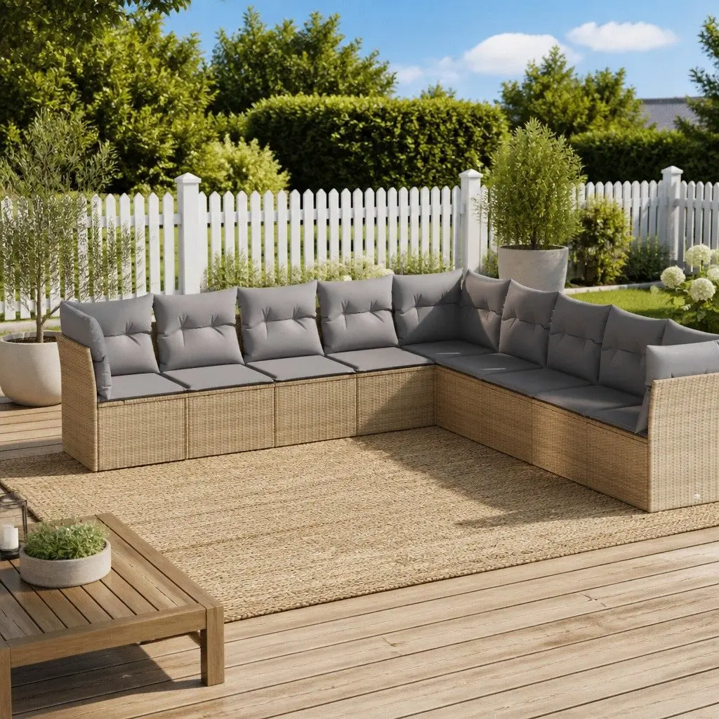 Garden Sofa Set PE Rattan Modular 9 Piece Outdoor Furniture Patio Lounge Beige Cushions