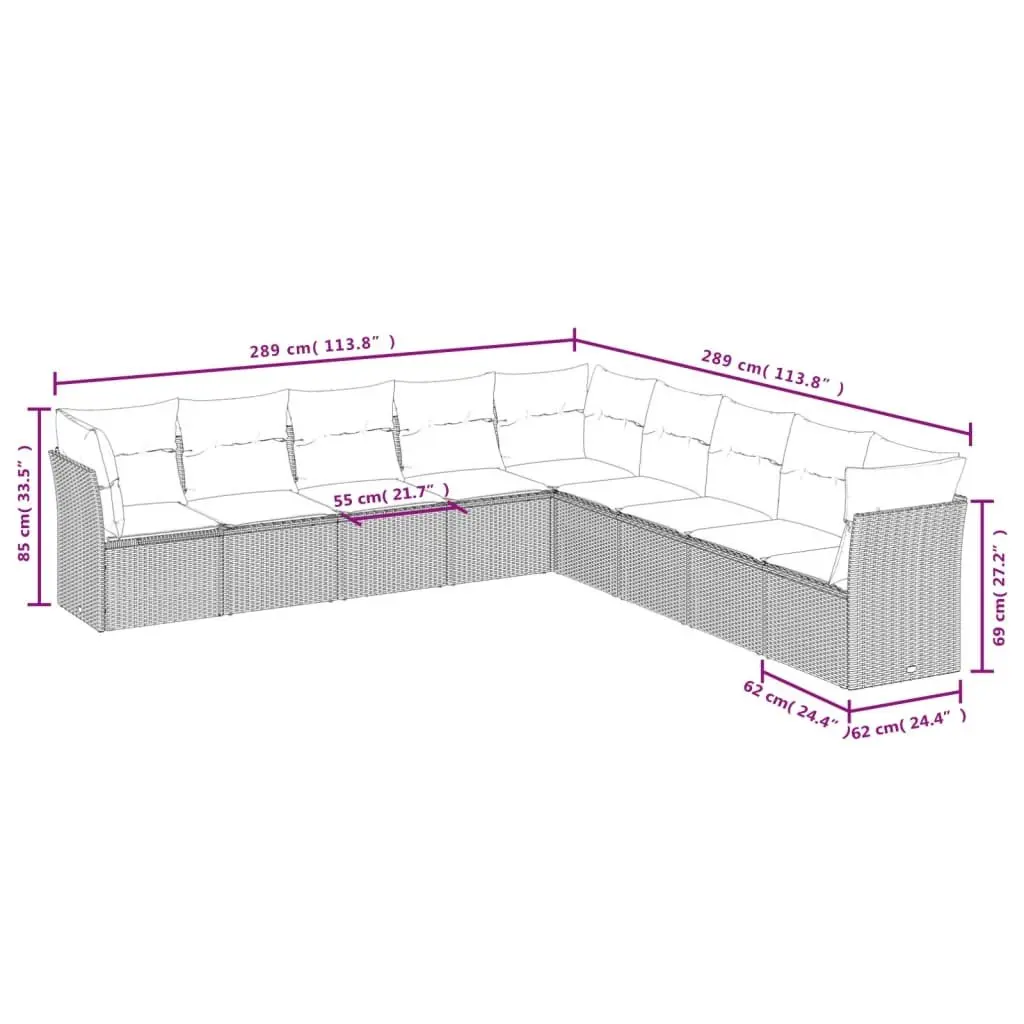 Garden Sofa Set PE Rattan 9 Piece Modular Sectional Outdoor Furniture Grey