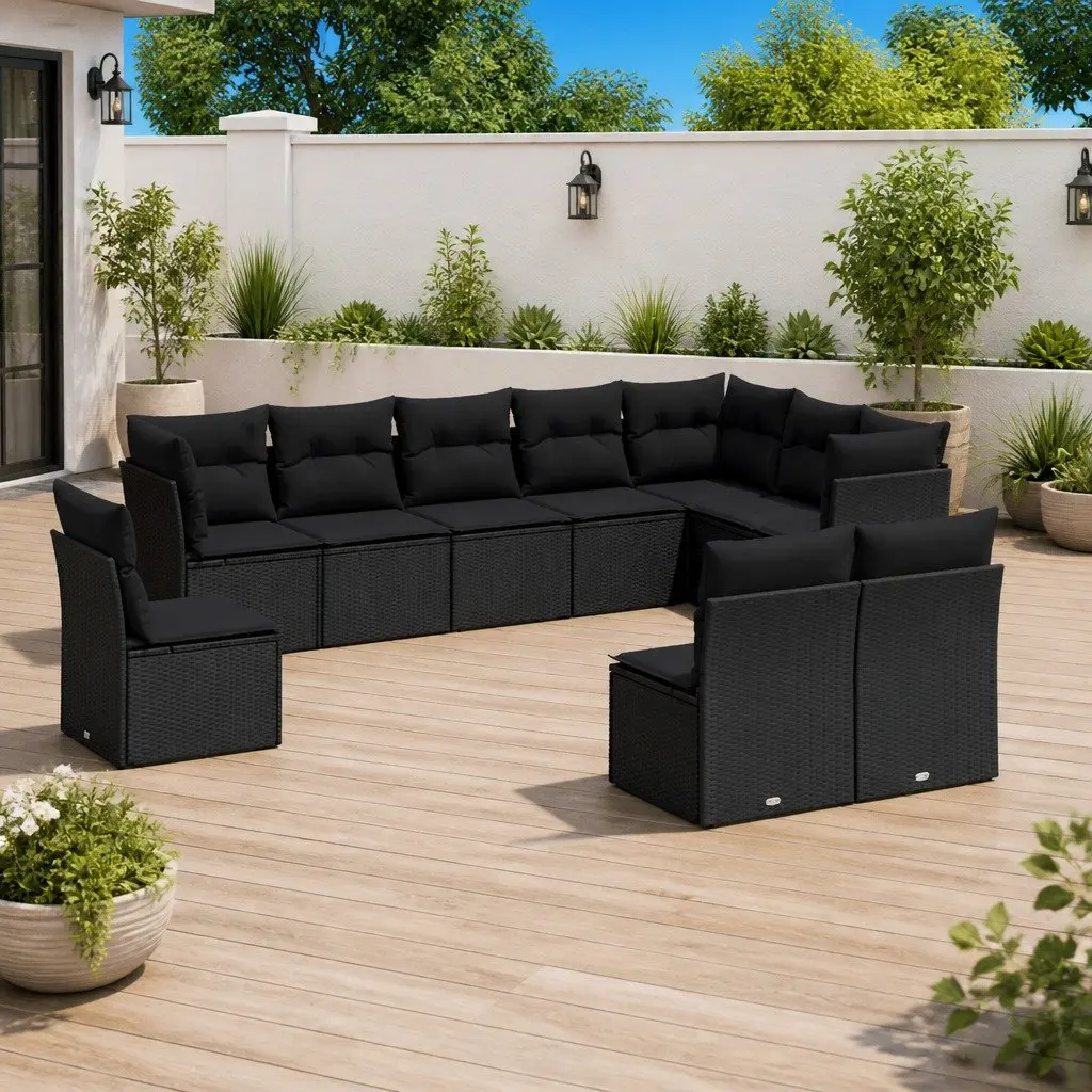 10 Piece Modular Outdoor Sofa Set PE Rattan Seating Black with Cushions