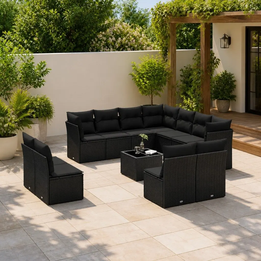 Garden Sofa Set 12 Piece Outdoor Furniture Patio Lounge Black Poly Rattan with