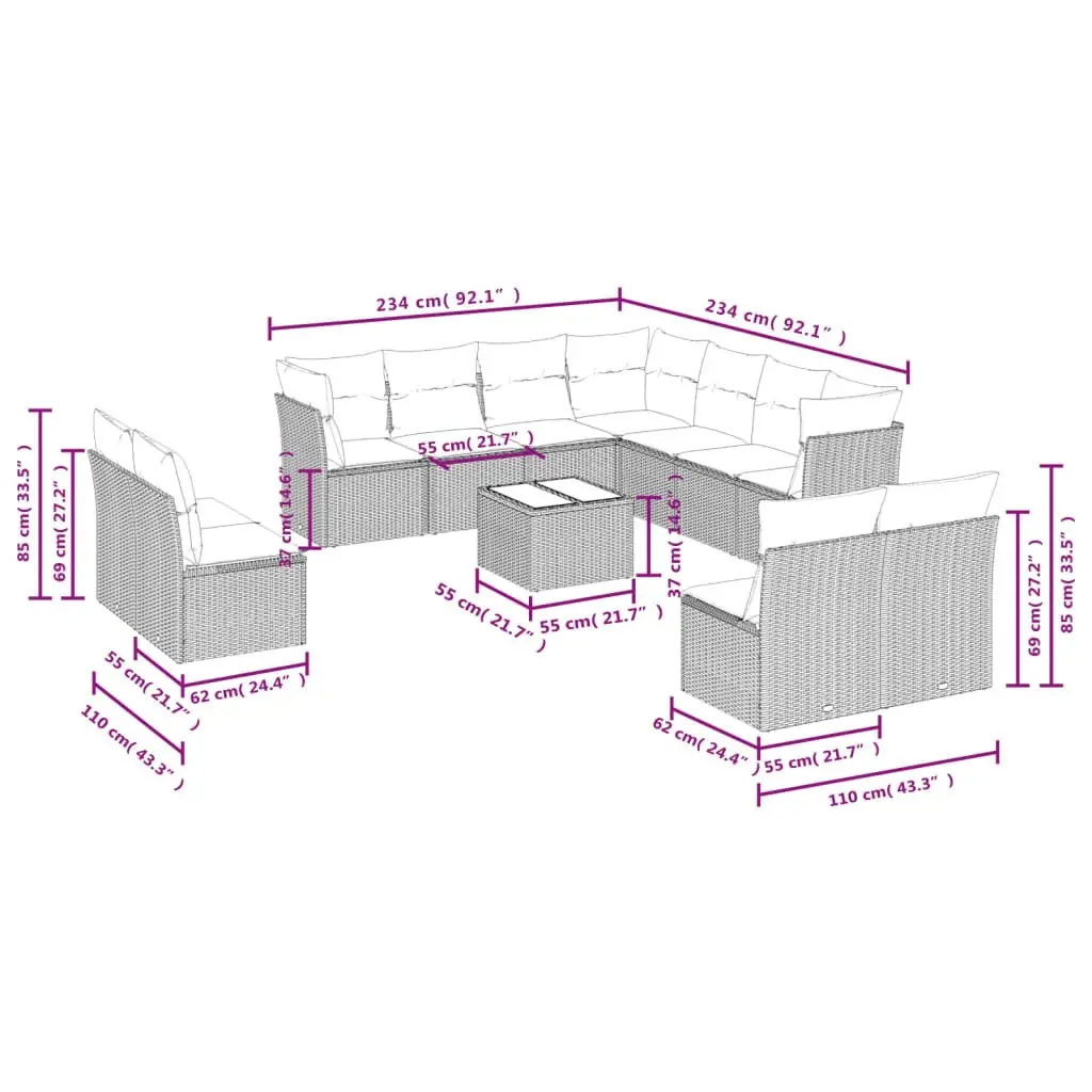 Garden Sofa Set 12 Piece Outdoor Furniture Patio Black Poly Rattan Modular