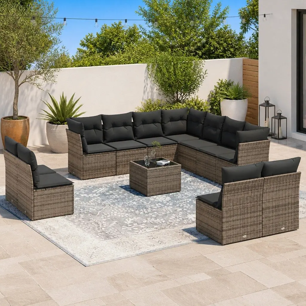 12 Piece Modular Outdoor Sofa Set Grey Poly Rattan with Cushions and Tempered Glass Table