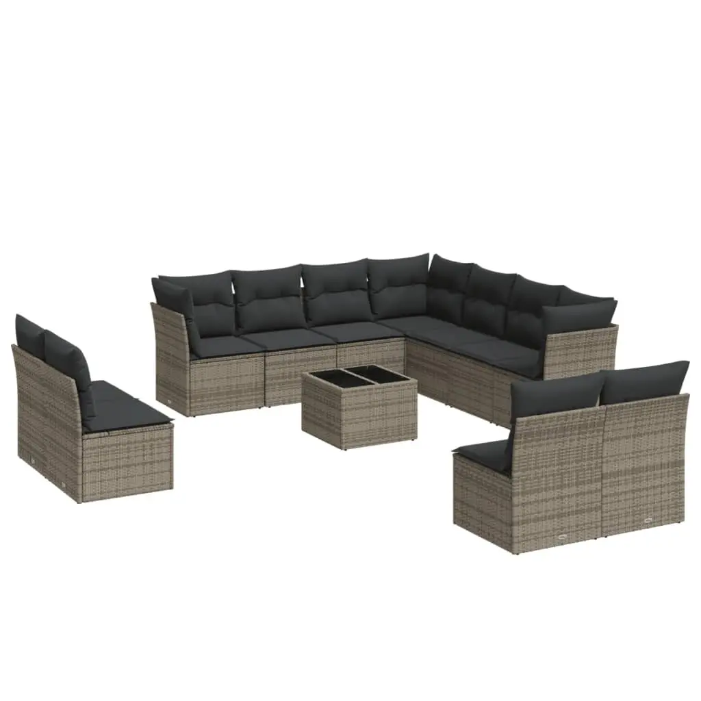 12 Piece Modular Outdoor Sofa Set Grey Poly Rattan with Cushions and Tempered Glass Table
