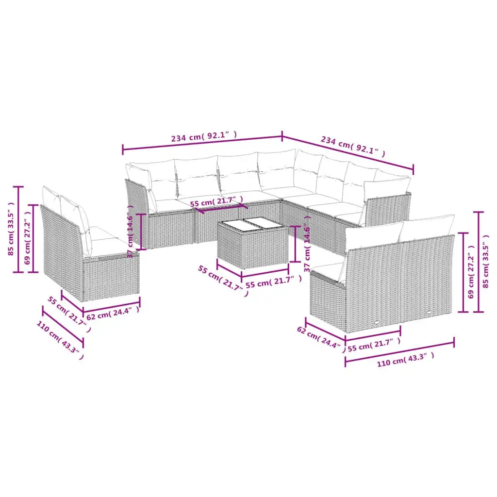 12 Piece Modular Outdoor Sofa Set Grey Poly Rattan with Cushions and Tempered Glass Table