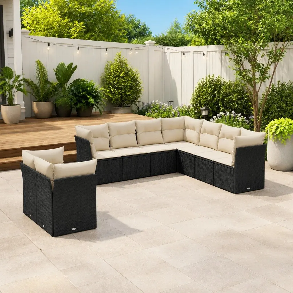 Garden Sofa Set PE Rattan 9 Piece Outdoor Furniture Sectional with Cushions Black