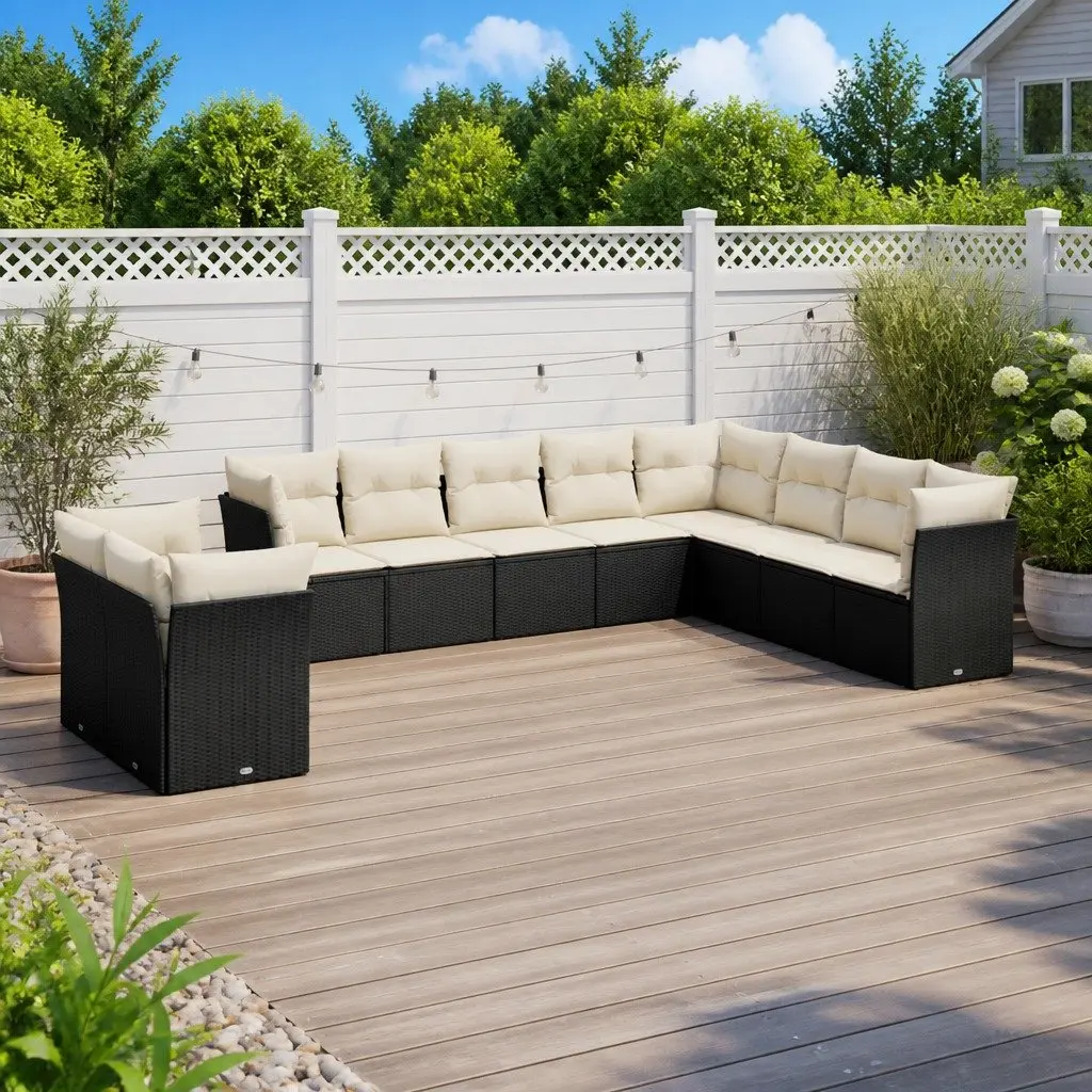 10 Piece Modular Outdoor Furniture Set Black PE Rattan with Cushions