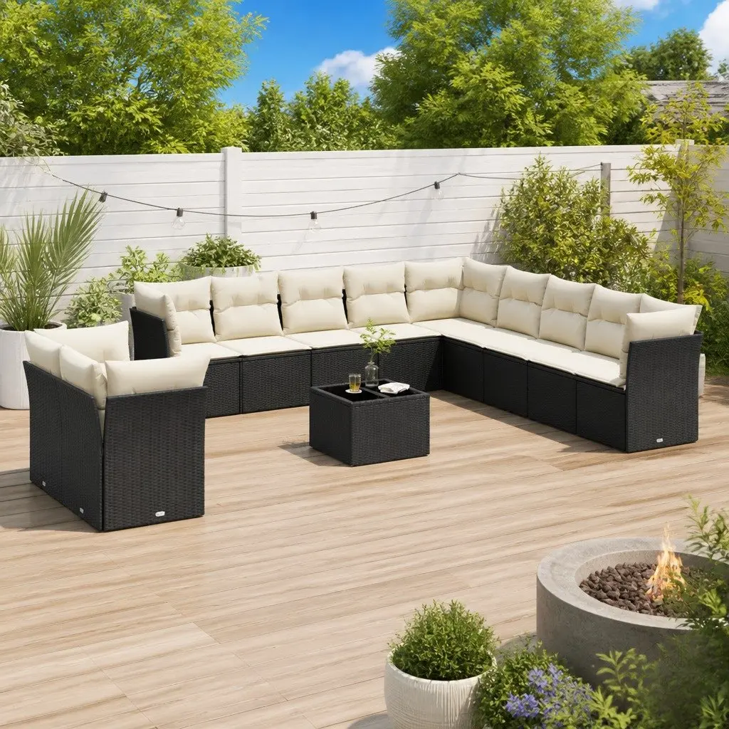 Garden Sofa Set 12 Piece Outdoor Furniture Black Poly Rattan Cushions Patio