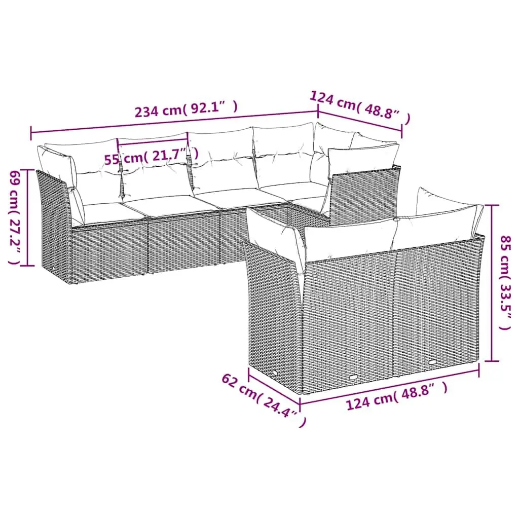 7 Piece Modular Outdoor Sofa Set Black PE Rattan Furniture with Cushions for Patio and Garden