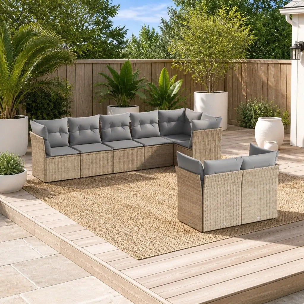 8 Piece Modular Outdoor Furniture Set Beige Poly Rattan with Cushions for Patio Garden Relaxation