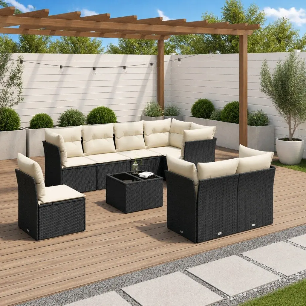Outdoor Garden Sofa Set 9 Piece Black Poly Rattan with Cushions Patio Furniture