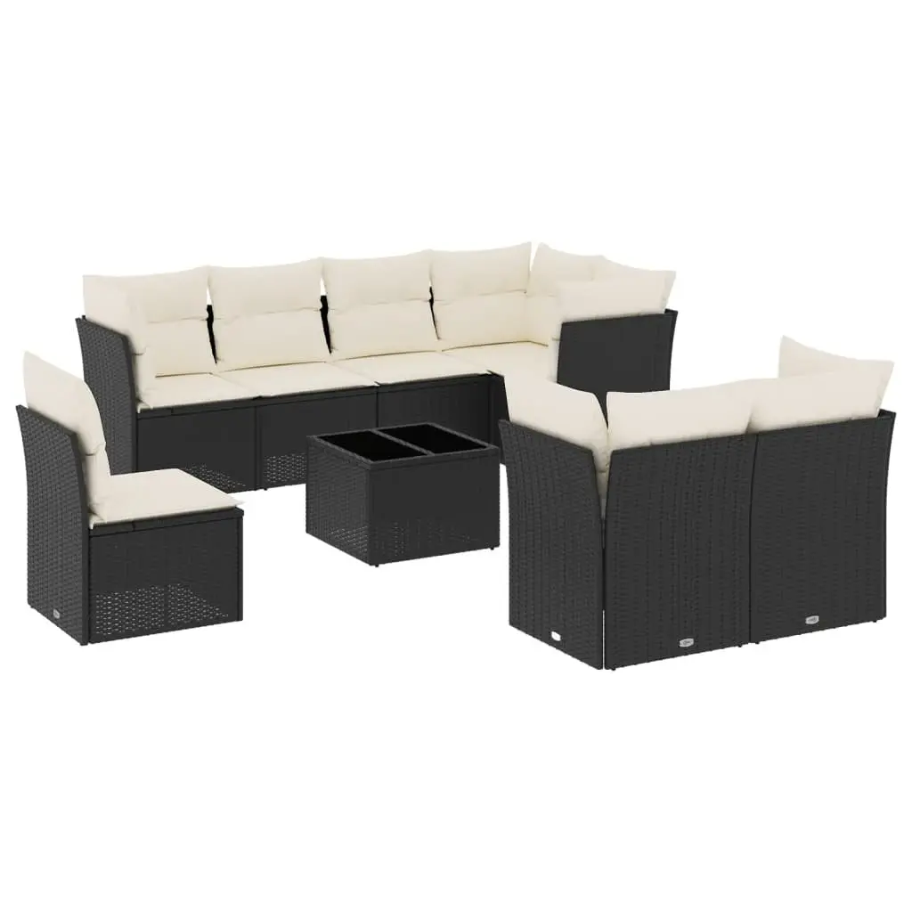Outdoor Garden Sofa Set 9 Piece Black Poly Rattan with Cushions Patio Furniture
