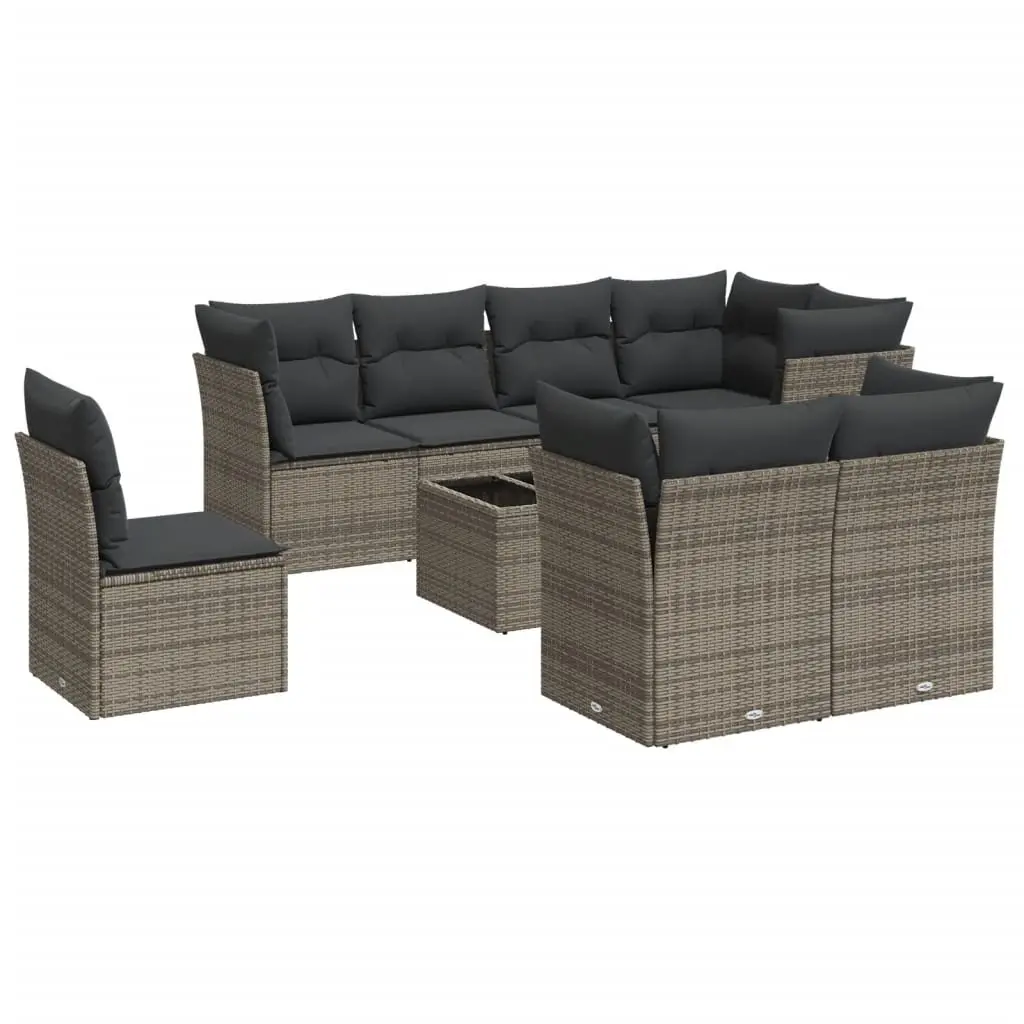 Outdoor Garden Sofa Set 9 Piece Grey Poly Rattan Patio Furniture with Cushions