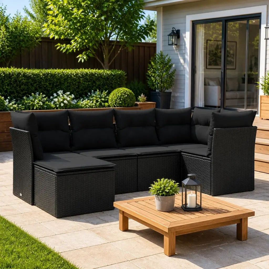 Garden Sofa Set 6 Piece Outdoor Furniture with Cushions Black Poly Rattan
