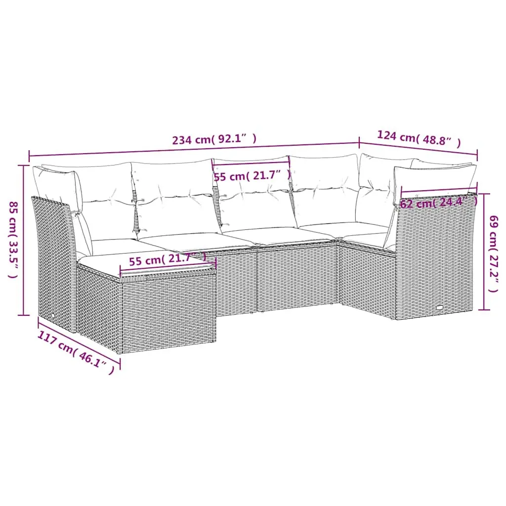 Garden Sofa Set PE Rattan 6 Piece Outdoor Furniture with Cushions Black