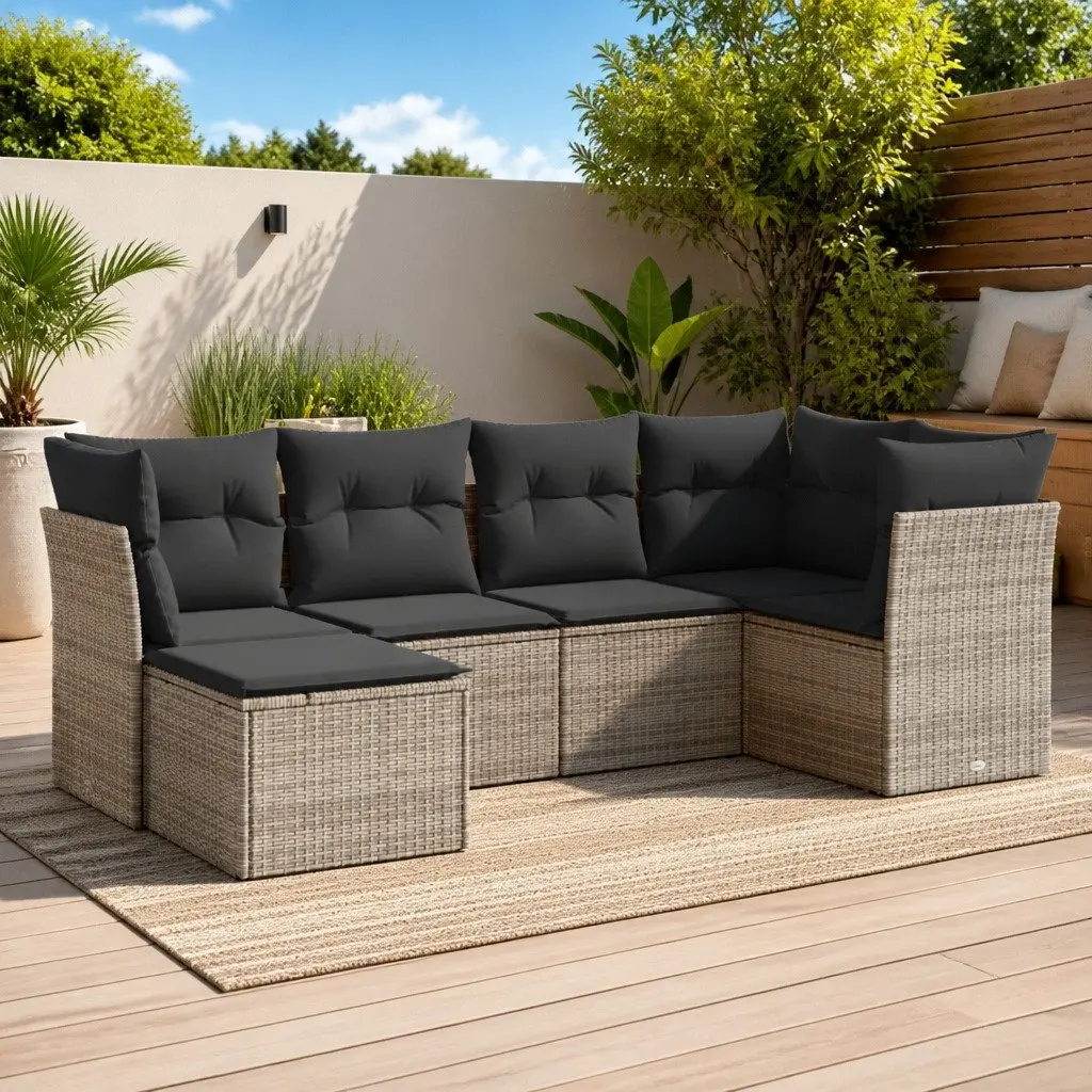 Modular 6 Piece Garden Sofa Set Outdoor Furniture PE Rattan with Grey Cushions