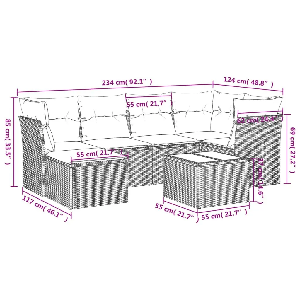 Garden Sofa Set 7 Piece Black Poly Rattan Outdoor Furniture with Cushions Patio