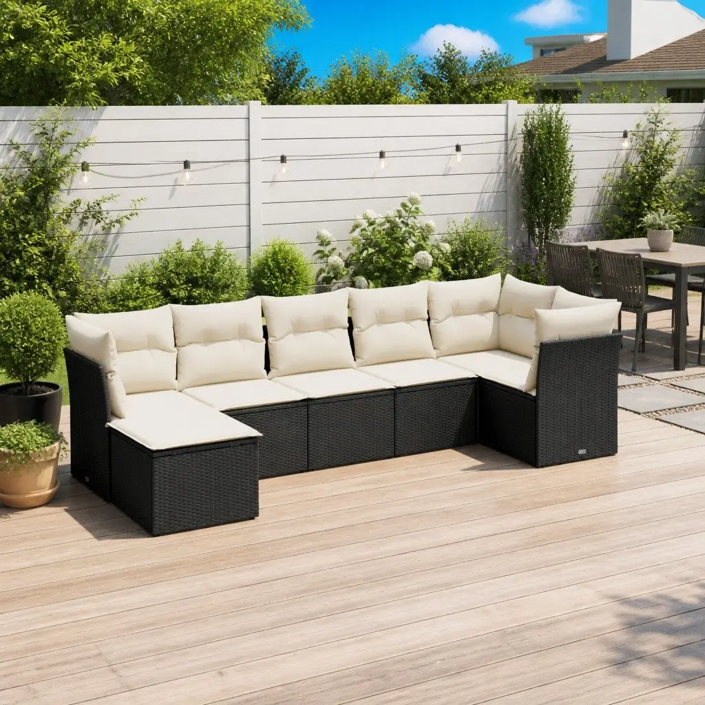 7 Piece Garden Sofa Set Poly Rattan Black Cushions Outdoor Furniture