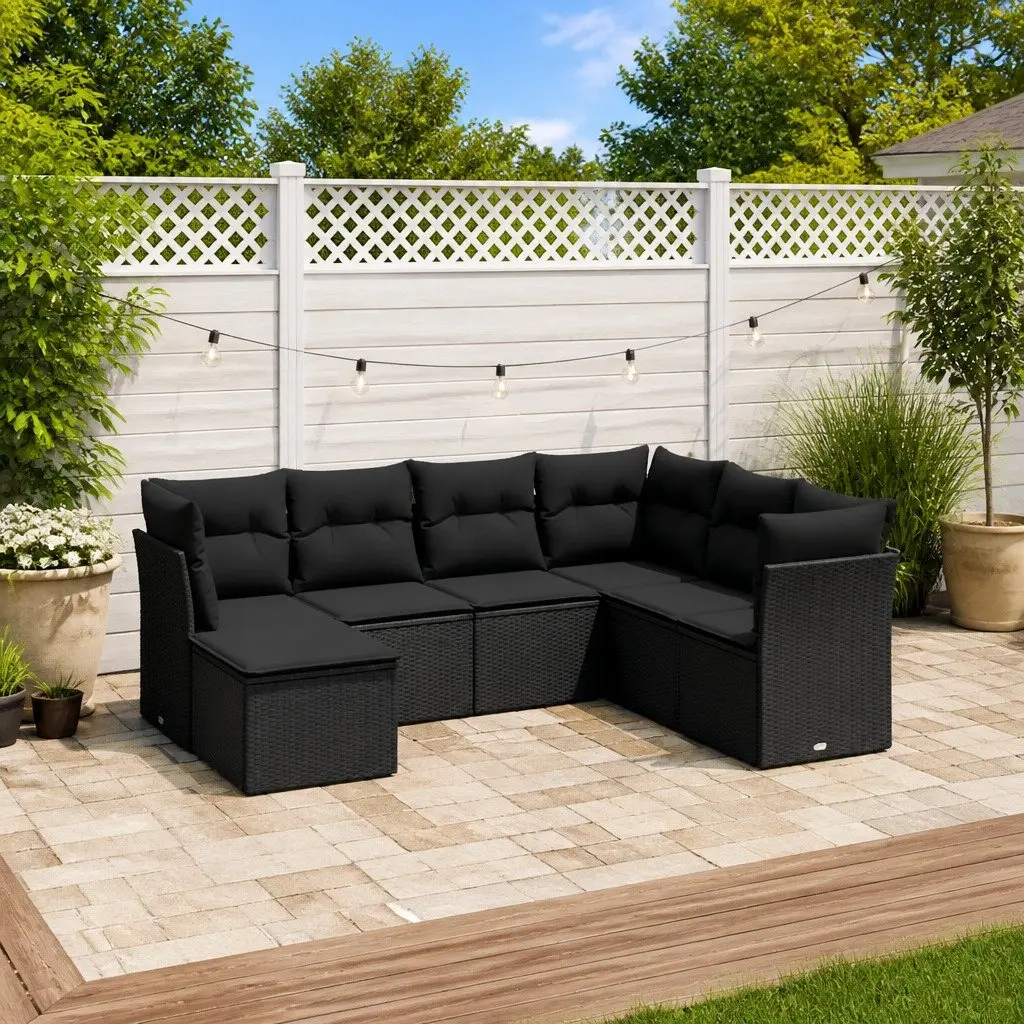 7 Piece Modular Garden Sofa Set PE Rattan Construction Black Outdoor Patio Furniture